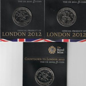Three Five Pounds Coins countdown to London. Featuring Queen Elizabeth II on the Obverse. All five pound coins are in stock.
