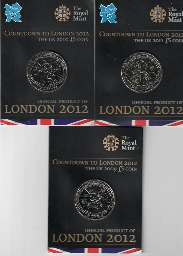 Three Five Pounds Coins countdown to London. Featuring Queen Elizabeth II on the Obverse. All five pound coins are in stock.
