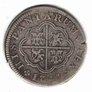 1721 JJ Spain Silver Two Reales Coin. The obverse features the crowned coat of arms of Spain. The reverse features a cross with lions and a castle.