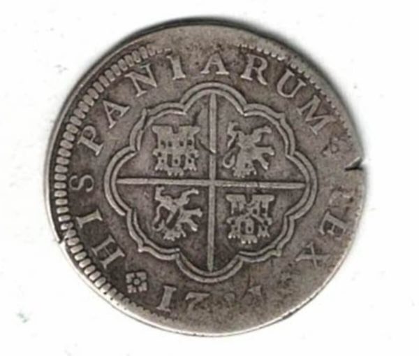 1721 JJ Spain Silver Two Reales Coin. The obverse features the crowned coat of arms of Spain. The reverse features a cross with lions and a castle.