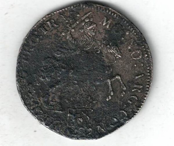 1742 Netherlands Utrecht Silver Ducaton Shipwreck Coin. The obverse features an armoured knight with sword in right hand on charging ho
