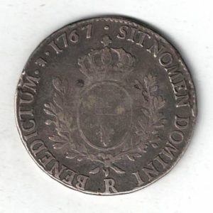 1767 R France Silver One Ecu Coin. The obverse features the bust of Louis XV facing left. The reverse features the shield of France with two olive branches.