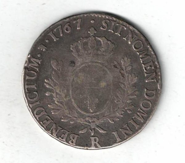 1767 R France Silver One Ecu Coin. The obverse features the bust of Louis XV facing left. The reverse features the shield of France with two olive branches.