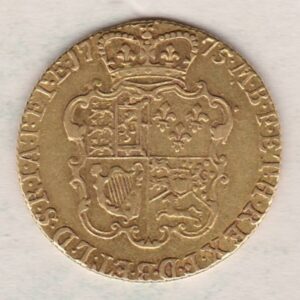 1775 Gold Guinea Coin featuring the fourth laureate head portrait of King George III on the obverse. The crowned quartered shield on the reverse.