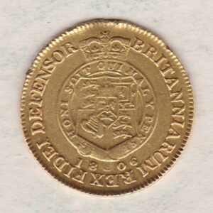 1806 Gold Half Guinea Coin featuring the laureate head portrait of King George III on the obverse. The reverse features the crowned shield of arms.