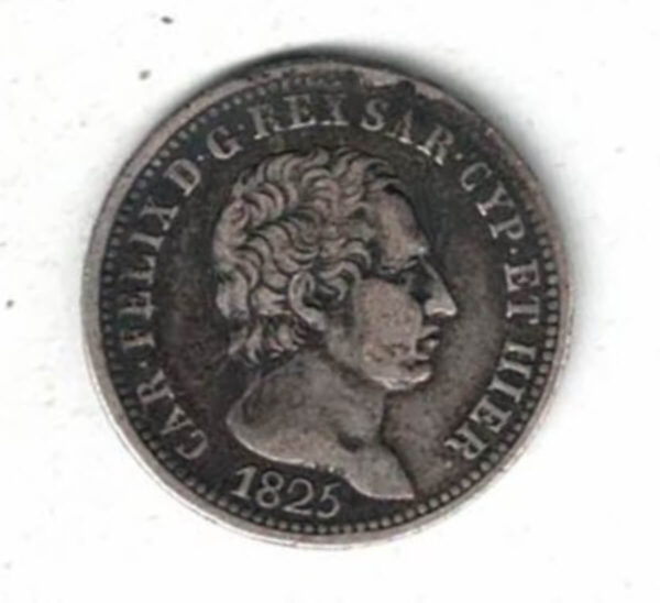 1825 L Italy Sardinia Silver One Lira Coin. The obverse of this coin features the portrait of Carlo Felice facing right. All coins are in stock.