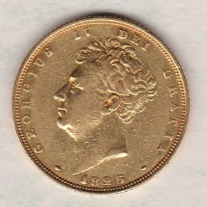 1825 Gold Sovereign Coin. This gold coin features George IV on the obverse. A crowned shield of arms and mantle, legend around on the reverse.