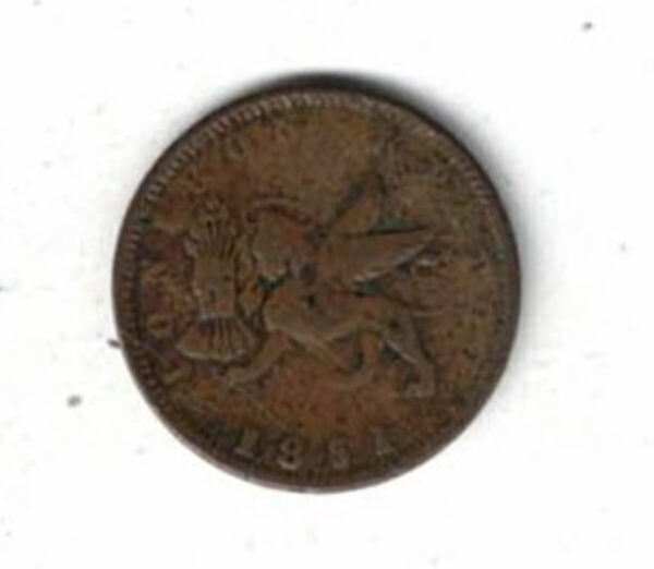 1851 Ionian Islands Copper One Lepton Coin. The obverse features a winged lion of St. Mark. The reverse features seated Britannia. 