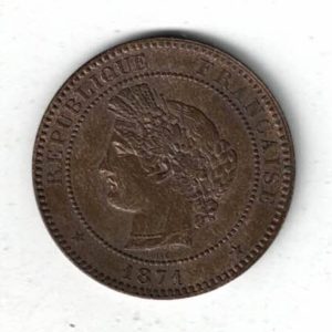 1871 A France Bronze Ten Centimes Coin. The obverse features the head of the Republic on the left as Ceres. The reverse features a wreath with value.