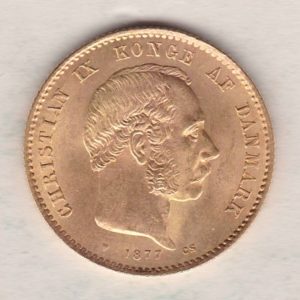 1877 Denmark Gold Twenty Kroner Coin. King Christian IX on the obverse. The reverse features the seated Mother Denmark with shield.