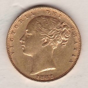 1882 M Gold Sovereign Coin features a young head queen Victoria on the Obverse and the collectable shield design on the Reverse.
