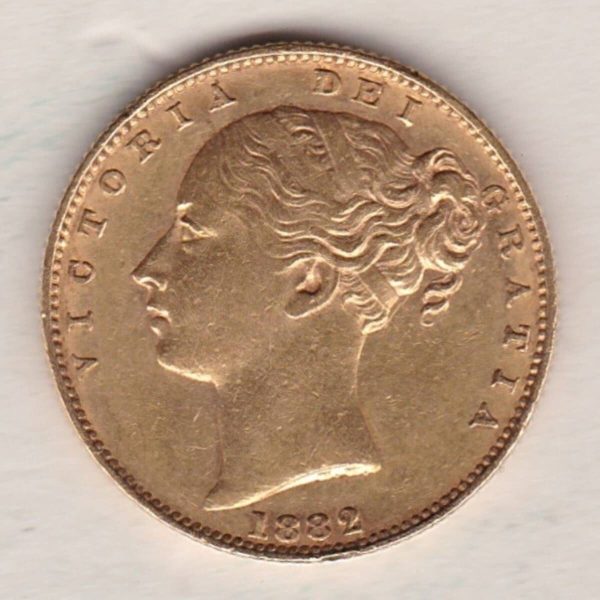 1882 M Gold Sovereign Coin features a young head queen Victoria on the Obverse and the collectable shield design on the Reverse.