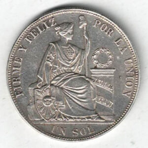 1884 RD Peru Silver One Sol Coin. The obverse features a small wreath above arms within sprigs and date below. The reverse features seated liberty.