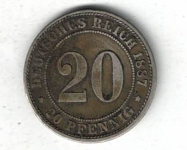 1887 G Germany Twenty Pfennigs Coin. The obverse features an imperial eagle. The reverse features the value with lettering and date.