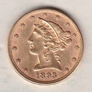 1893 USA Five Dollars coin struck in Philadelphia, the Coronet head design on the Obverse. The eagle on the Reverse. GVF Condition.