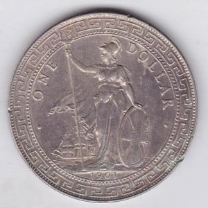 1901 B British Trade Dollar silver coin. The obverse features Britannia with a merchant ship in background. The reverse features Chinese characters.