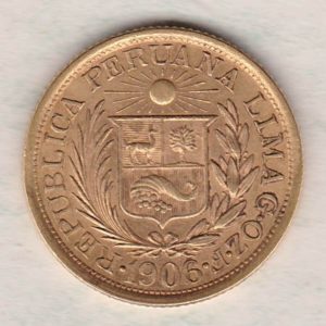 1906 Peru Gold Libra coin. The obverse features a wreath around a radiant sun above a shield. The reverse features the right facing portrait. 