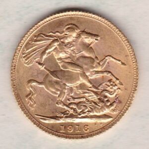 1916 Gold Sovereign Coin. The coin features King George V on the Obverse. St George and the dragon on the reverse. London Mint.