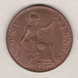 1921 Bronze Penny coin. The obverse features the portrait of King George V. The coin depicts Britannia seated to the right on the Reverse.