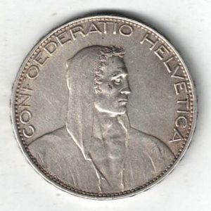 1925 B Switzerland Silver Five Francs Coin. The obverse features the bust of a herdsman. All coins are in stock for dispatch.
