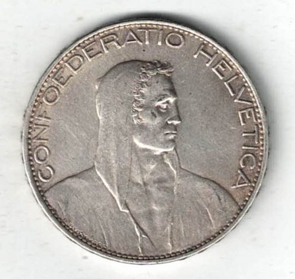 1925 B Switzerland Silver Five Francs Coin. The obverse features the bust of a herdsman. All coins are in stock for dispatch.