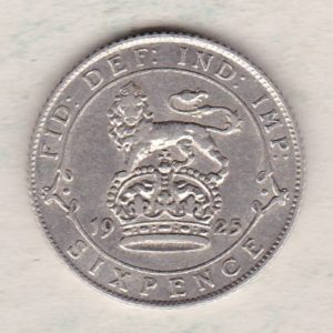 1925 Silver Sixpence coin featuring King George V on the Obverse. The Reverse features a crowned lion with date and denomination.