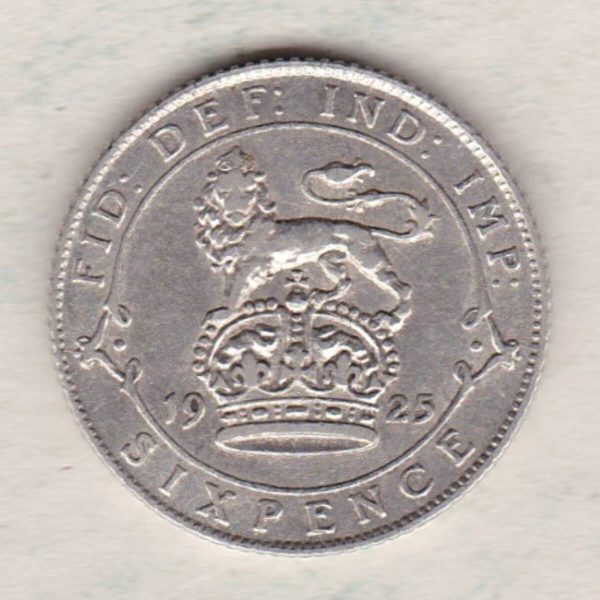 1925 Silver Sixpence coin featuring King George V on the Obverse. The Reverse features a crowned lion with date and denomination.