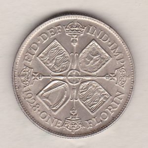1928 Silver Florin coin. The portrait of King George V on the Obverse. The cruciform crowned sceptres around central G on the reverse.