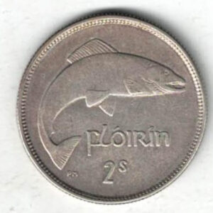 1928 Ireland Silver One Florin Coin. The obverse features a Gaelic harp. The reverse features a salmon fish. All coins are in stock.