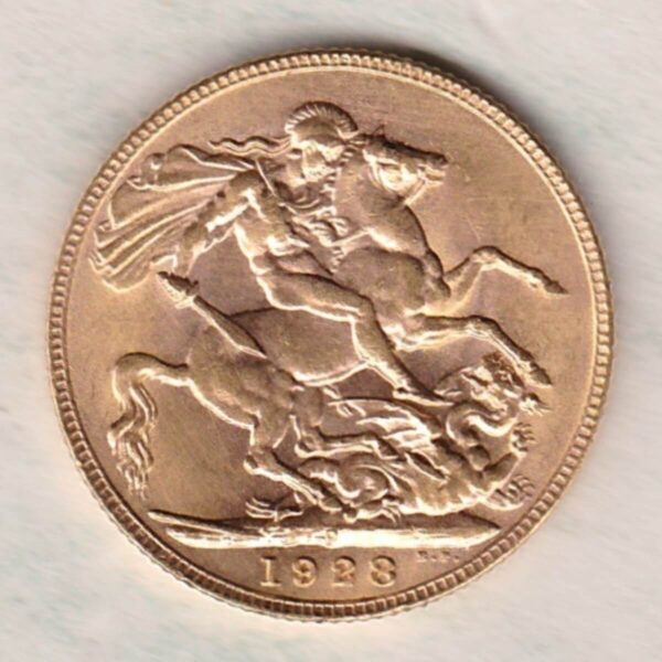 1928 P Gold Sovereign Coin. The coin features King George V on the Obverse. St George and the dragon on the reverse. The P - Perth, Australia mintmark.