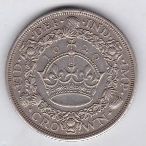 1929 Silver Crown Coin featuring King George V on the Obverse and the wreath design on the reverse. The coin is in near extremely fine condition.