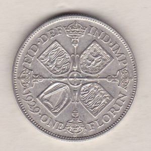 1929 Silver Florin coin. The portrait of King George V on the Obverse. The cruciform crowned sceptres around central G on the reverse.