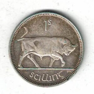 1937 Ireland Silver One Shilling Coin. The obverse features a Gaelic harp with date divided.  The reverse features a bull with denomination.