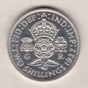 1937 Silver Proof Florin coin. The portrait of King George VI on the Obverse. The reverse depicts a crowned Tudor rose with denomination and date below.