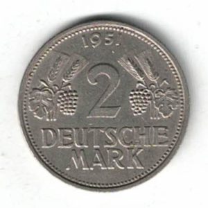 1951 G Germany Federal Republic Two Deutsche Mark Coin. The obverse features an eagle. The reverse features the value with leaves, grapes and date.
