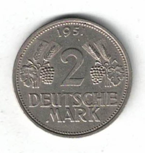 1951 G Germany Federal Republic Two Deutsche Mark Coin. The obverse features an eagle. The reverse features the value with leaves, grapes and date.