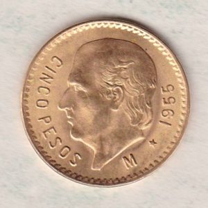 1955 Mexico Gold Five Pesos Coin. This Ten Pesos coin was struck in 0.900 Gold and weighs approx. 4.1666 grams. All of our Gold coins are in stock.
