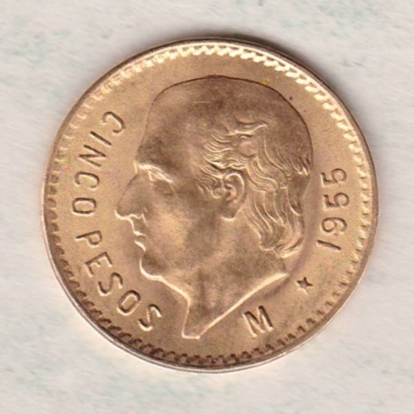 1955 Mexico Gold Five Pesos Coin. This Ten Pesos coin was struck in 0.900 Gold and weighs approx. 4.1666 grams. All of our Gold coins are in stock.