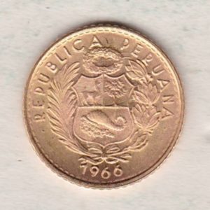 1966 Peru Gold Five Soles coin. The obverse features the National arms. The reverse features Liberty seated facing right.