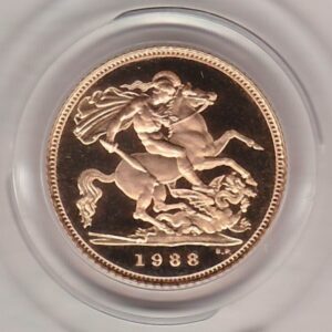 1988 gold proof half sovereign coin in capsule. This coin features Queen Elizabeth II on the obverse and St George and the dragon on the Reverse.