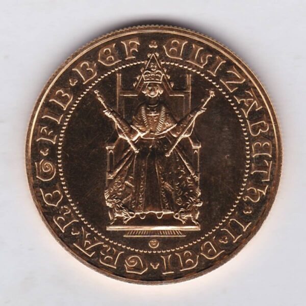 1989 Gold Five Pounds coin. This brilliant uncirculated issue was struck to commemorate the 500th anniversary of the first hammered gold Sovereign in 1489.