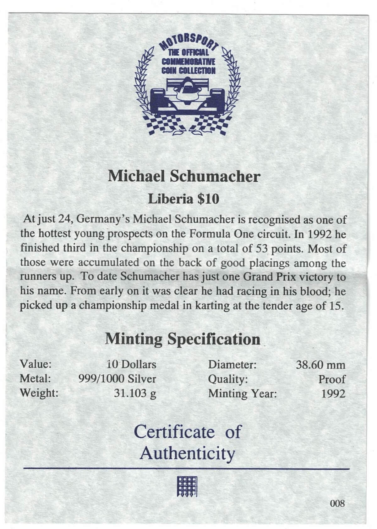 1992 Liberia Silver One Ounce Michael Schumacher - Image 3