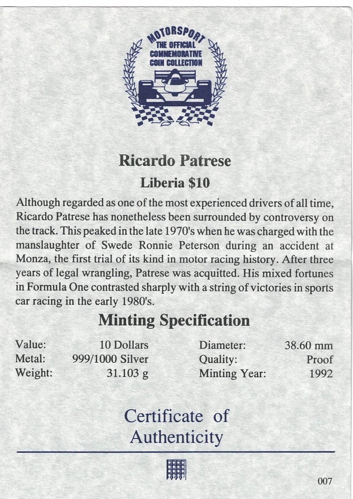 1992 Liberia Silver One Ounce Ricardo Patrese - Image 3