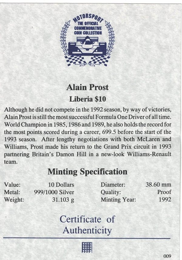 1992 Liberia Silver One Ounce Alain Prost - Image 3