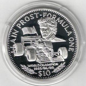 1992 Liberia Silver One Ounce Alain Prost Coin This coin does feature a formula 1 car. This coin contains one ounce of 999 fine silver.