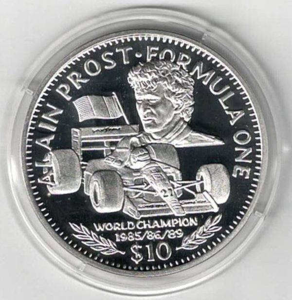 1992 Liberia Silver One Ounce Alain Prost Coin This coin does feature a formula 1 car. This coin contains one ounce of 999 fine silver.