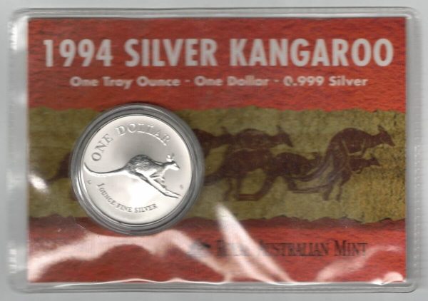 1994 Silver Australia One Ounce Kangaroo. Elizabeth II is on the obverse, The kangaroo is on the reverse. The coin contains one ounce of 999 fine silver.