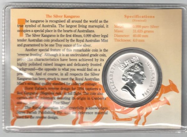 1994 C Silver Australia One Ounce Kangaroo Coin In Card Pack - Image 2