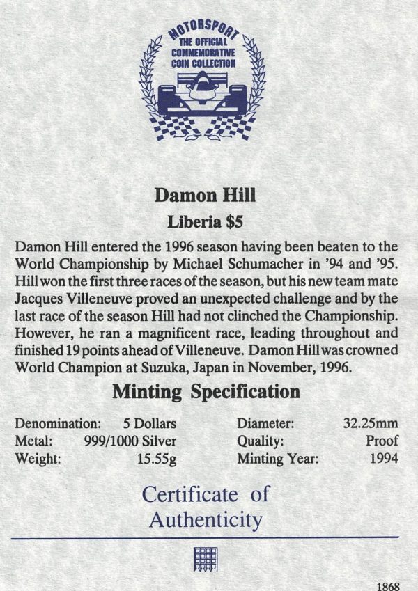 1994 Silver Liberia Half Ounce Damon Hill - Image 3