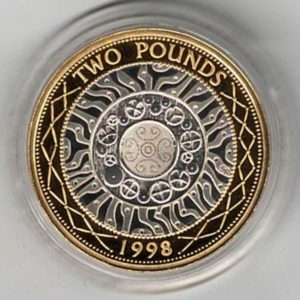 1998 Two Pounds Silver Proof Coin, it features fourth crowned Queen Elizabeth II on Obverse. This coin was issued by the royal mint with original box.
